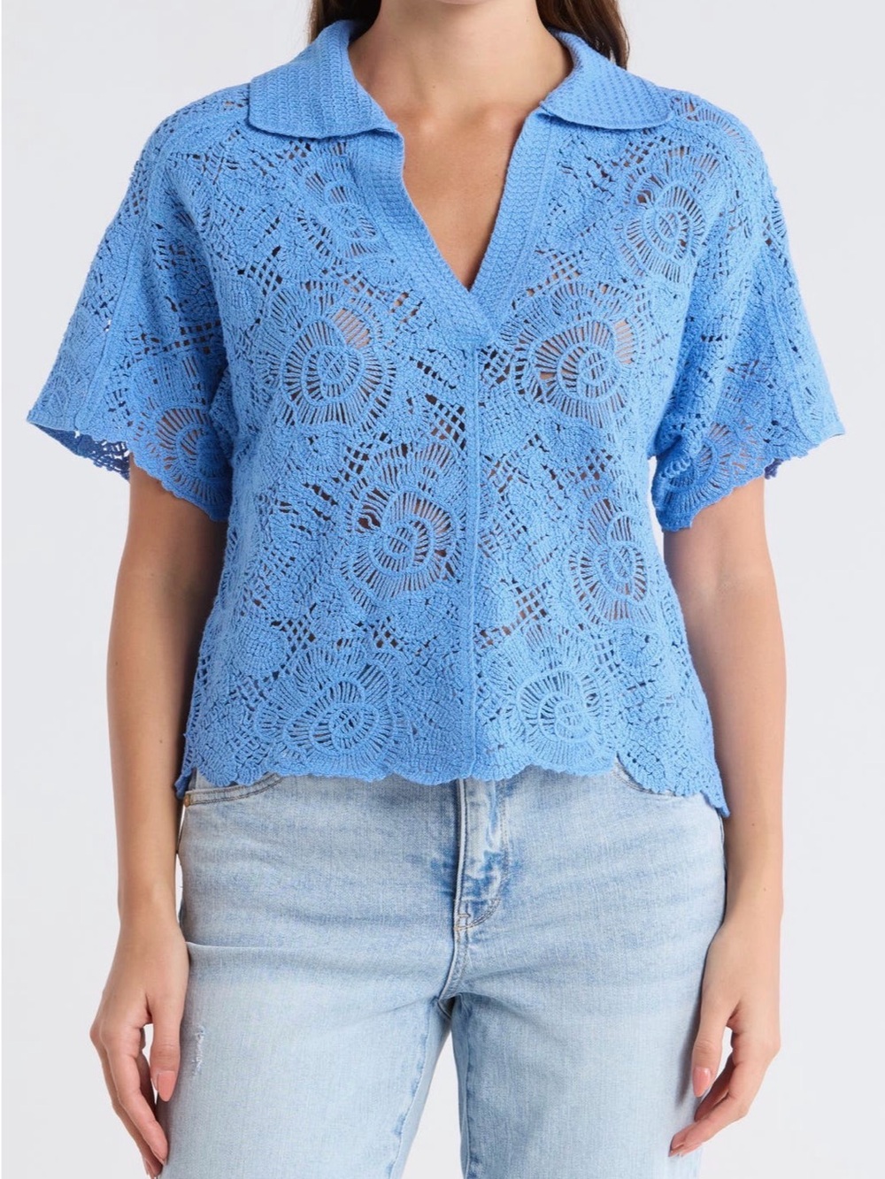 Democracy Blue Crochet V-Neck Polo